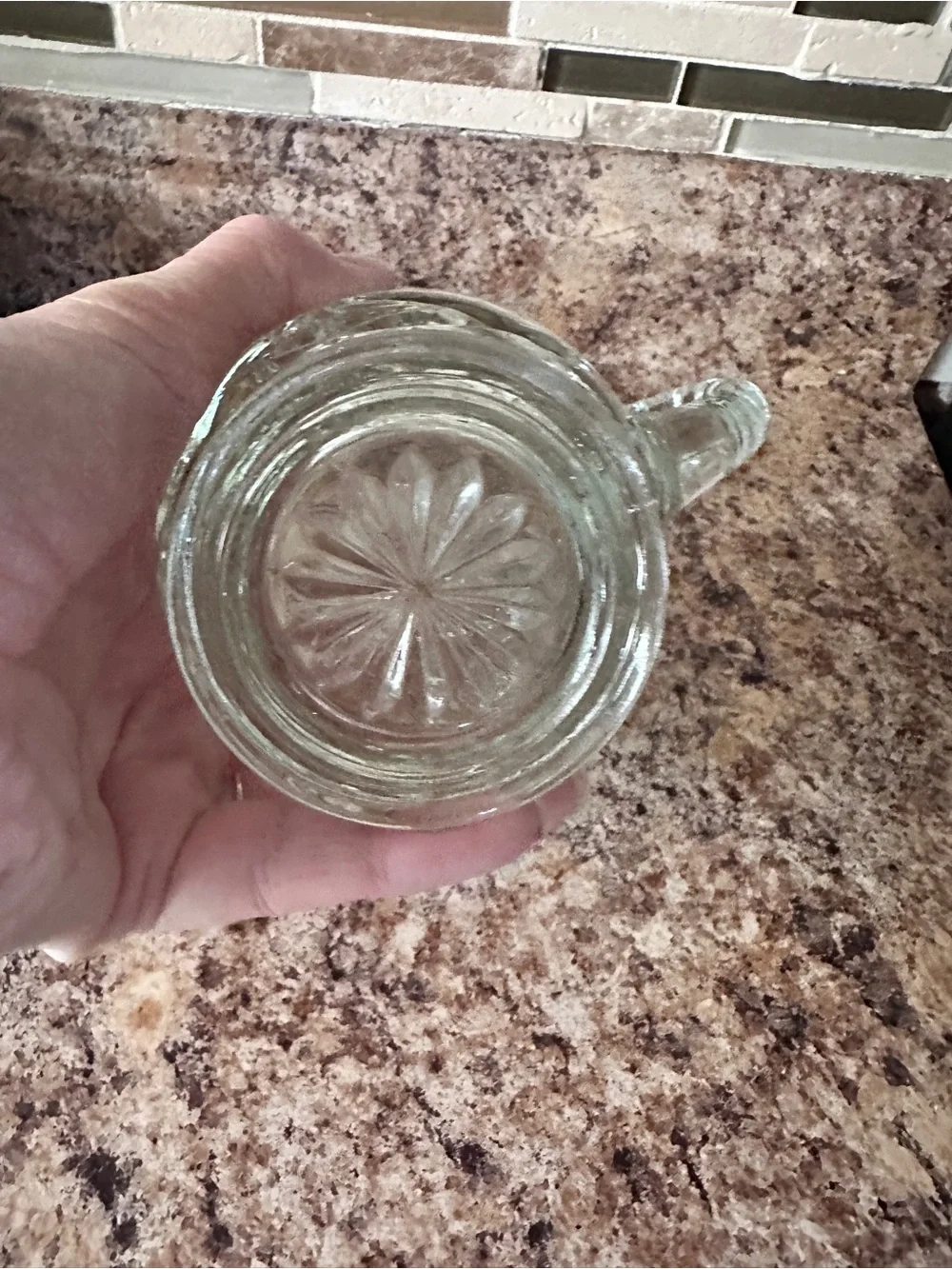 Vintage Anchor Hocking USA Pitcher clear glass starburst prescut 16 oz 5.5”Tall